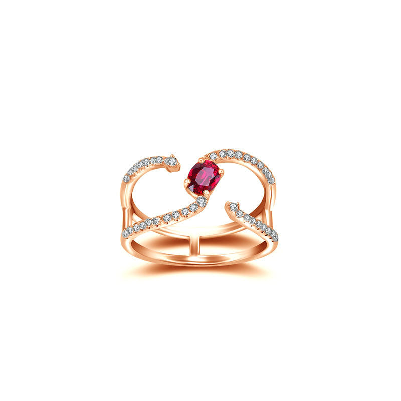 18k Gold Single Ruby Connected Diamond Ring - Genevieve Collection