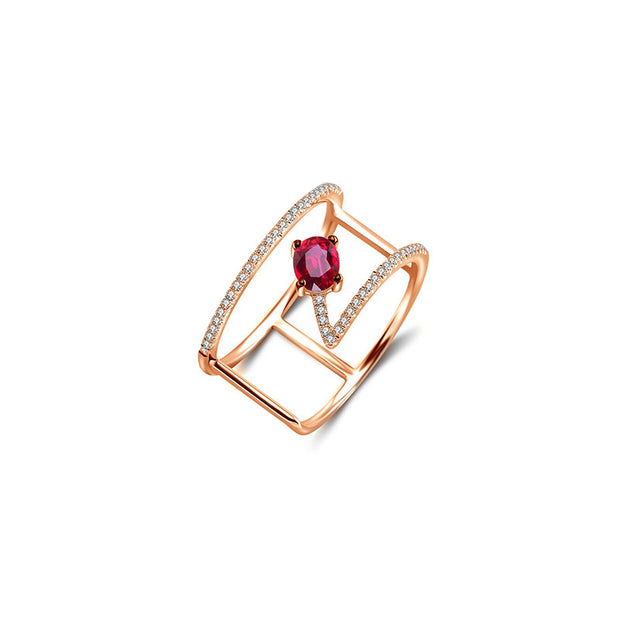 18k Gold Diamond Double Ring with Ruby - Genevieve Collection