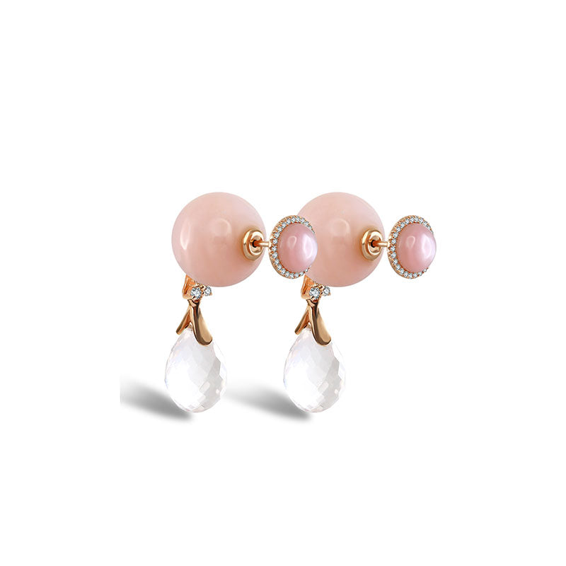 18k Gold Round Pink Shell Diamond Earring with Opal and Quartz - Genevieve Collection