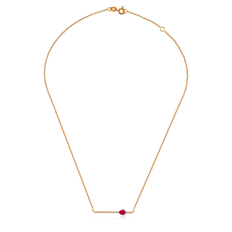 18k Gold Line Diamond Necklace with Drop Shape Ruby - Genevieve Collection