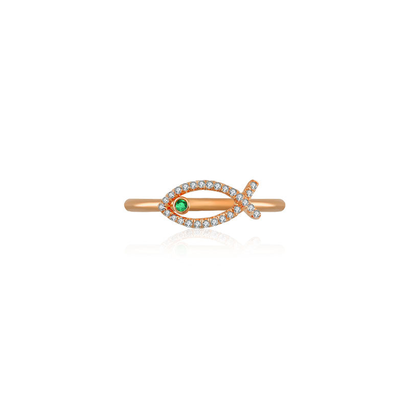 18k Gold Fish Shape Diamond Ring with Emerald - Genevieve Collection