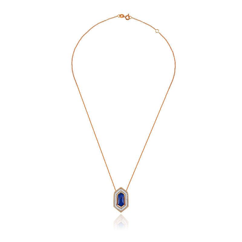 18k Gold Hexagonal Shape Lapis Diamond Necklace - Genevieve Collection