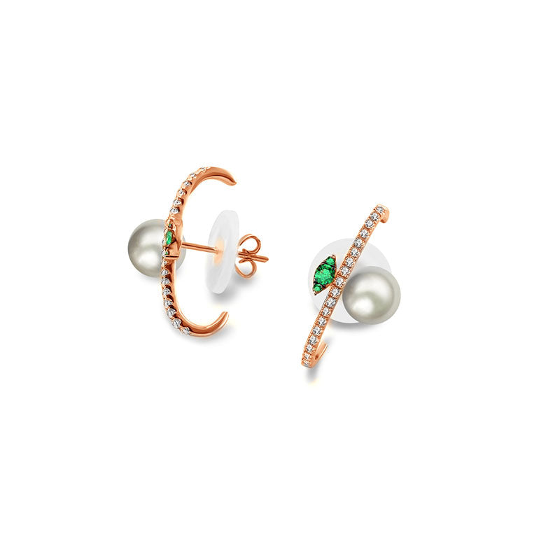 18k Gold Half Hoop Diamond Earring with Pearl and Emerald - Genevieve Collection