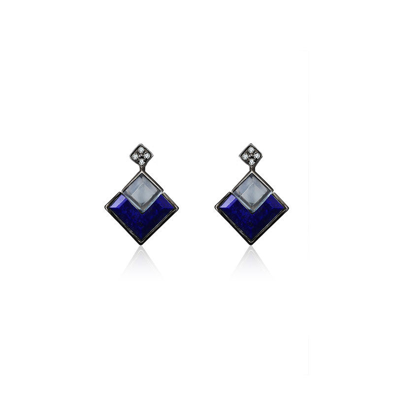 18k Gold Square Shape Topaz And Lapis Diamond Earring - Genevieve Collection