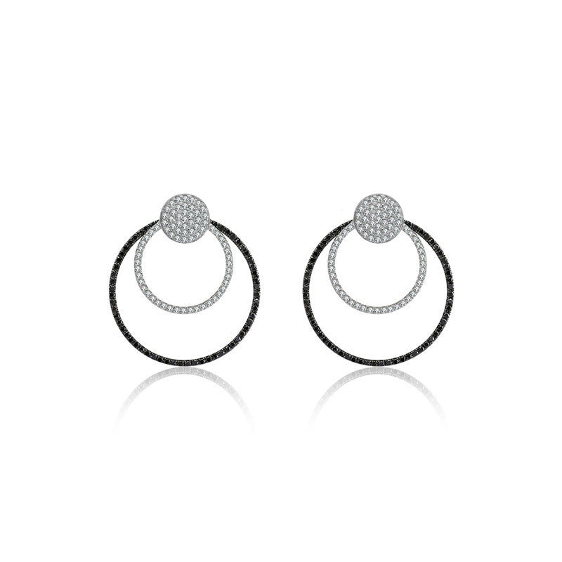 18k Gold Double Circle Diamond Earring With Black Diamond - Genevieve Collection