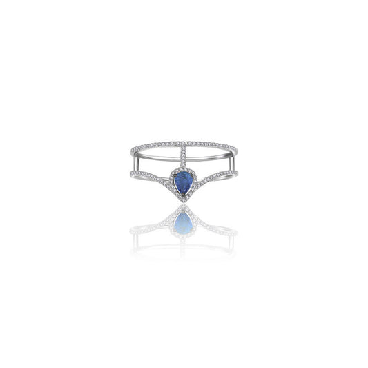 18k Gold Curve Diamond Double Ring with Drop Shape Sapphire - Genevieve Collection