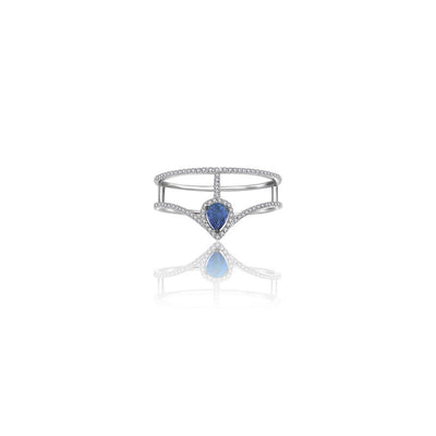 18k Gold Curve Diamond Double Ring with Drop Shape Sapphire - Genevieve Collection