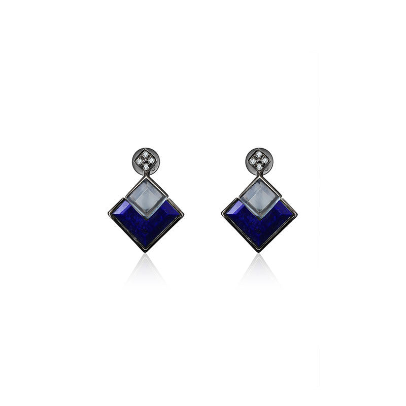 18k Gold Square Shape Topaz And Lapis Diamond Earring - Genevieve Collection