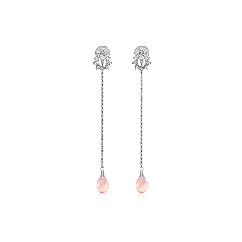 18k Gold Pink Quartz Chain Diamond Earring With Drop Shape - Genevieve Collection