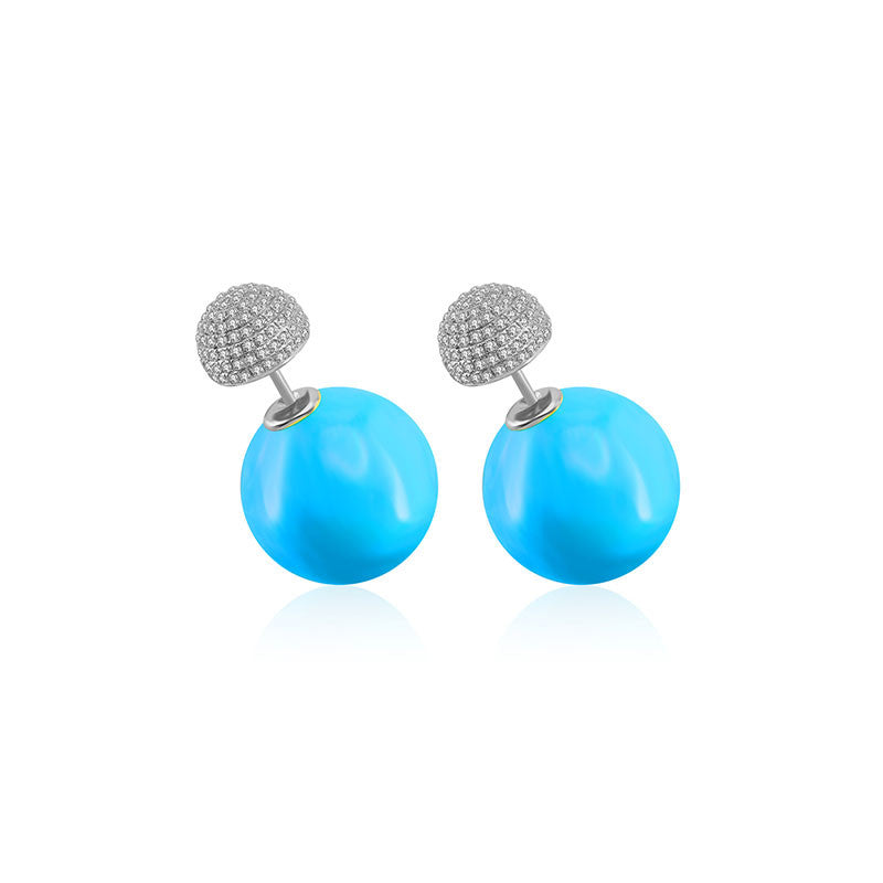 18k Gold 2 Ways Turquoise Diamond Earring in Half Round sphere - Genevieve Collection