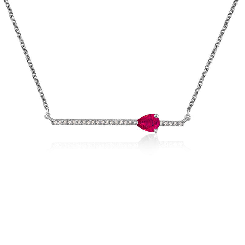 18k Gold Line Diamond Necklace with Drop Shape Ruby - Genevieve Collection