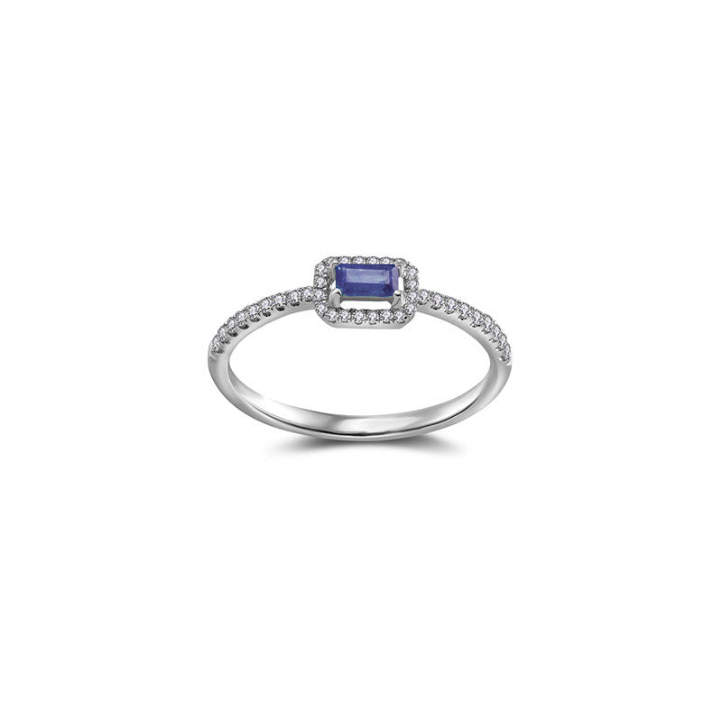 18k Gold Rectangle Shape Sapphire Ring Surrounded by Diamond - Genevieve Collection