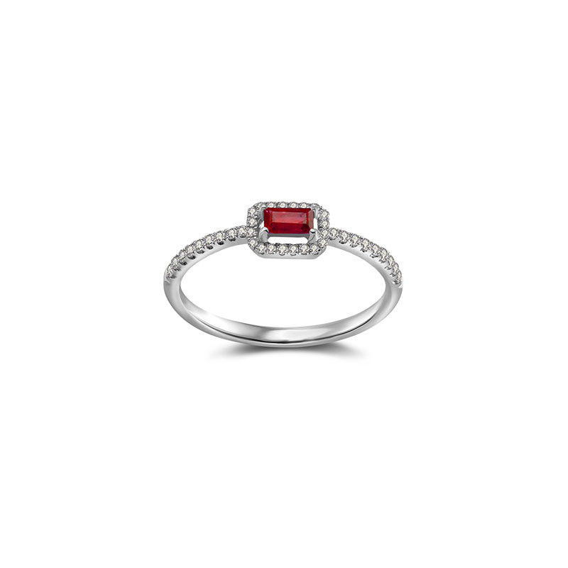 18k Gold Rectangle Shape Ruby Ring Surrounded by Diamond - Genevieve Collection
