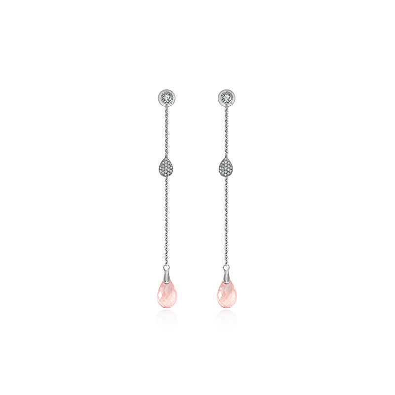 18k Gold Pink Quartz Chain Diamond Earring - Genevieve Collection