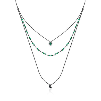 18k Gold 3 layers Stack Diamond Necklaces with Emerald bead - Genevieve Collection
