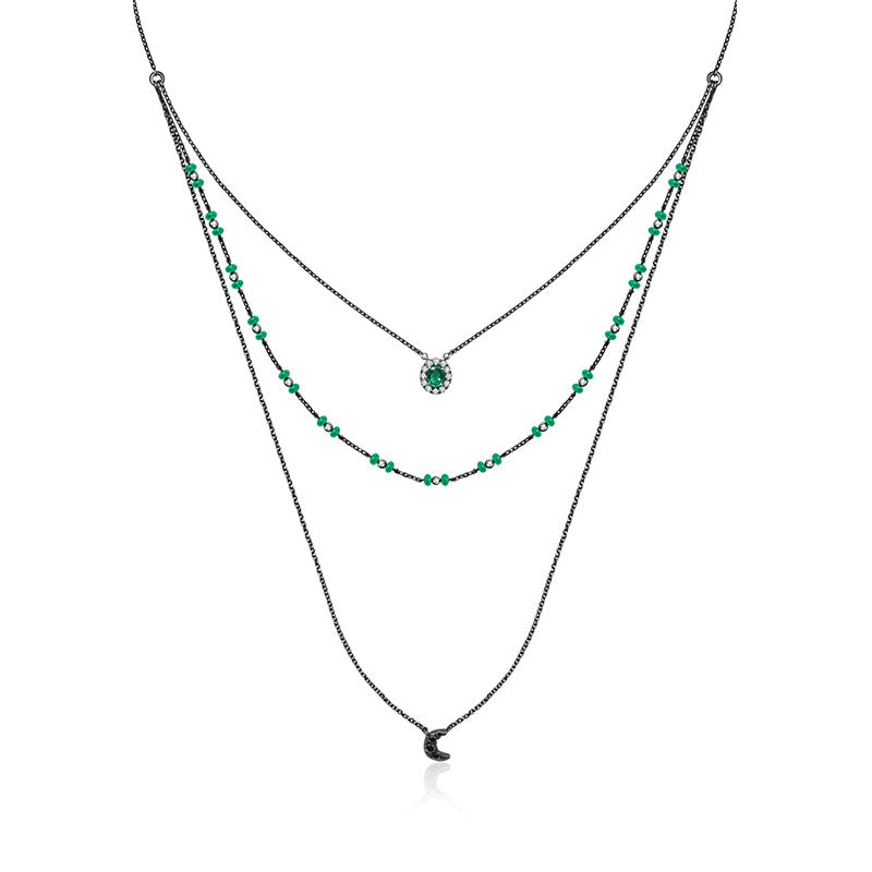 18k Gold 3 layers Stack Diamond Necklaces with Emerald bead - Genevieve Collection