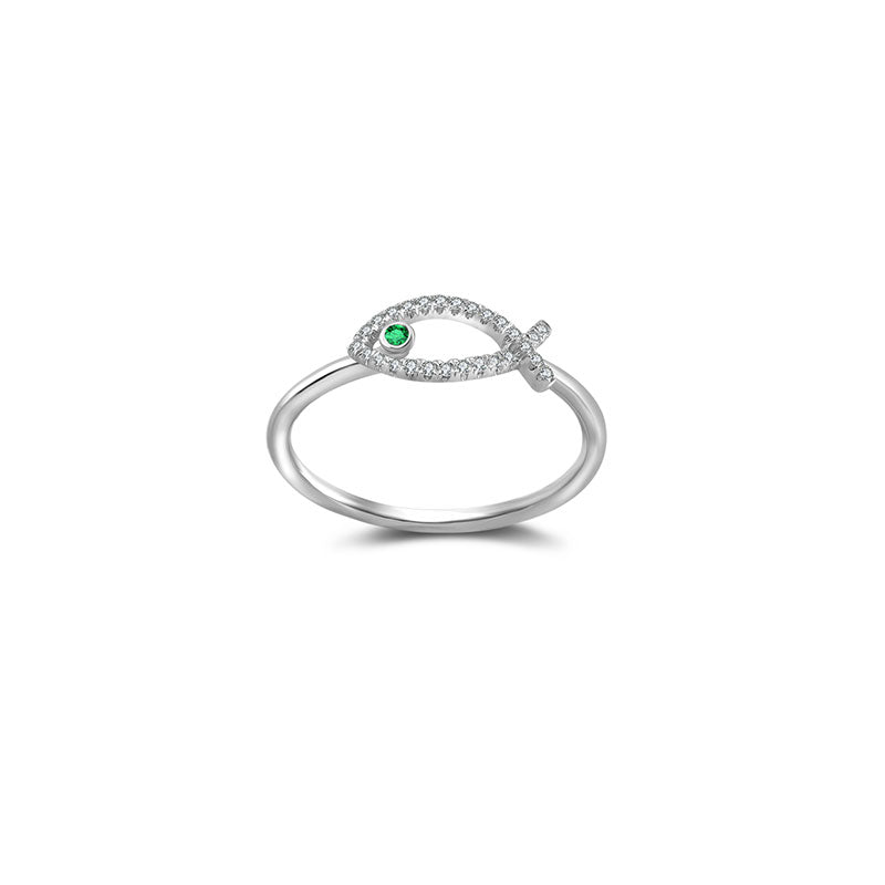 18k Gold Fish Shape Diamond Ring with Emerald - Genevieve Collection