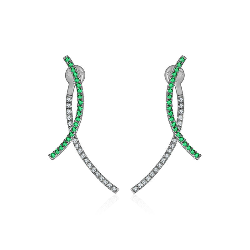 18k Gold Double Curve Diamond Earring With Emerald - Genevieve Collection