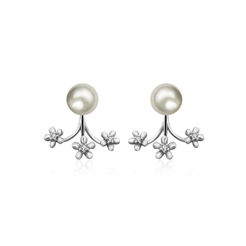 18k Gold Flower Diamond Earring Jacket With Pearl - Genevieve Collection