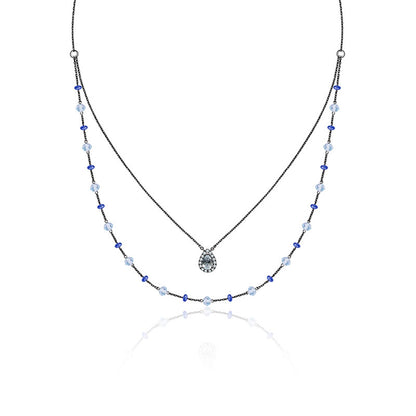 18k Gold 2 Layers Aquamarine Diamond Stack Necklace with Topaz & Sapphire bead - Genevieve Collection
