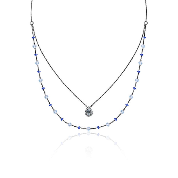 18k Gold 2 Layers Aquamarine Diamond Stack Necklace with Topaz & Sapphire bead - Genevieve Collection