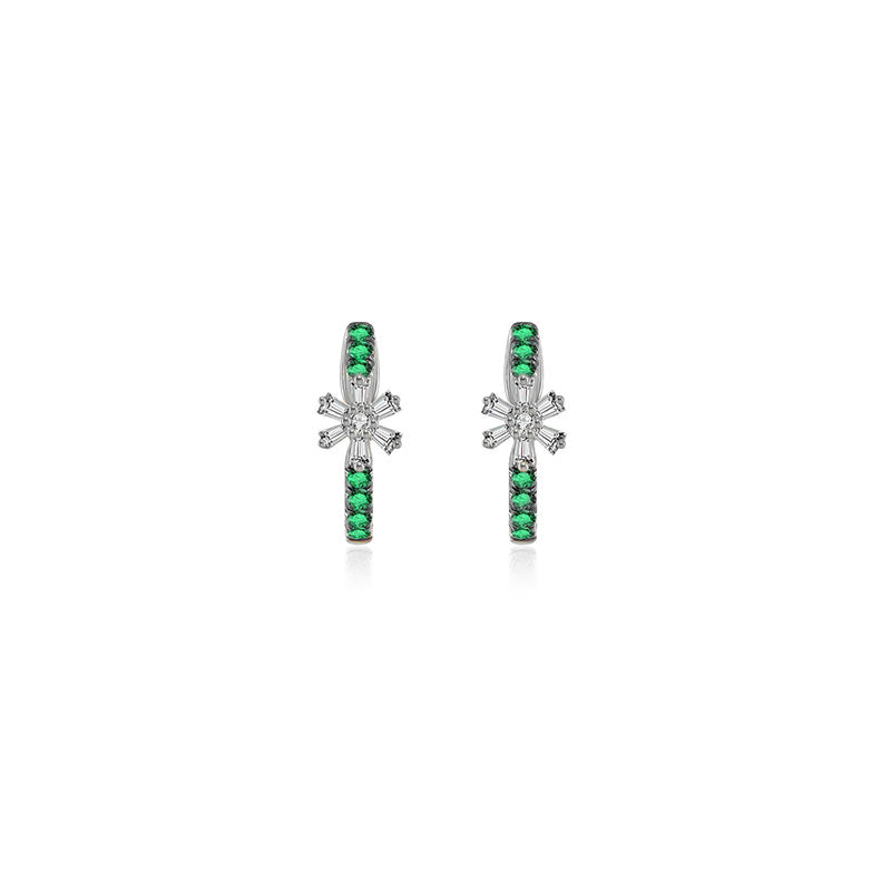 18k Gold Hoop Diamond And Emerald Earring with Flower Pattern - Genevieve Collection