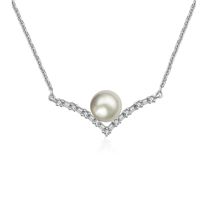 18k Gold Double Curve Diamond Necklace With Pearl - Genevieve Collection