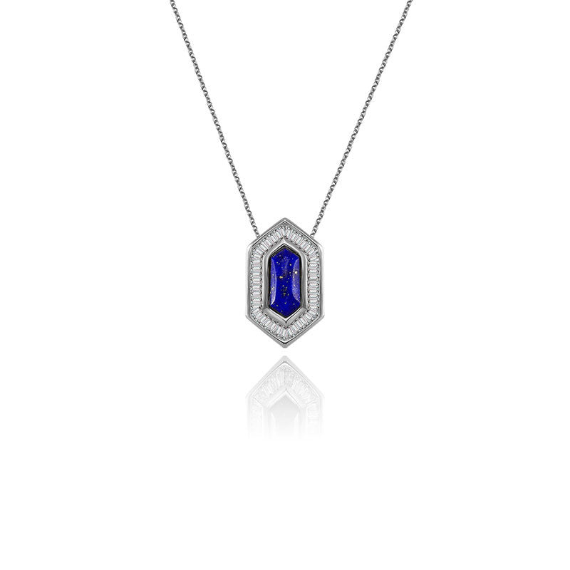 18k Gold Hexagonal Shape Lapis Diamond Necklace - Genevieve Collection