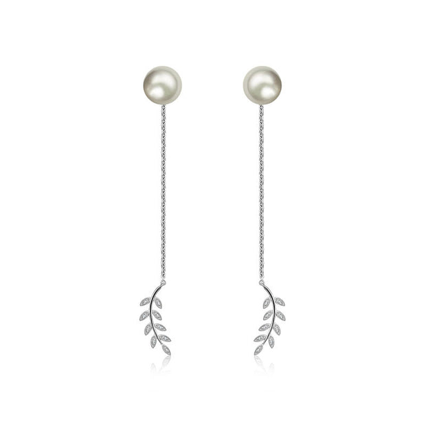 18k Gold Greek Leaf Dangling Diamond Earring With Pearl - Genevieve Collection