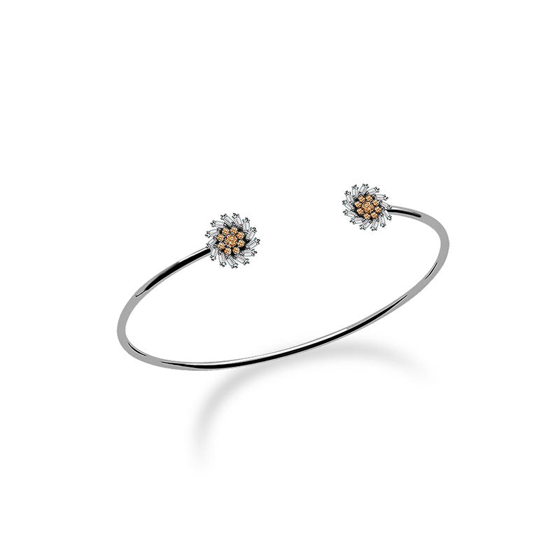 18k Gold Double Flower Shape Diamond Open Bangle - Genevieve Collection