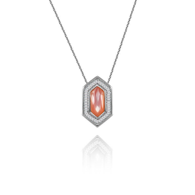 18k Gold Hexagonal Shape Pink Shell Diamond Necklace - Genevieve Collection