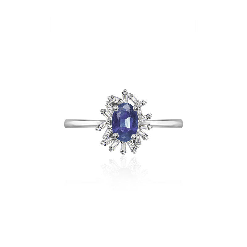 18k Gold Sapphire Ring Surrounded by Irregular Shape Diamond - Genevieve Collection