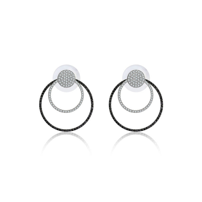 18k Gold Double Circle Diamond Earring With Black Diamond - Genevieve Collection