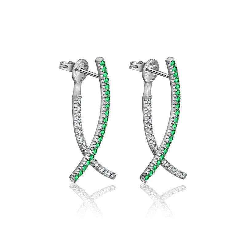 18k Gold Double Curve Diamond Earring With Emerald - Genevieve Collection