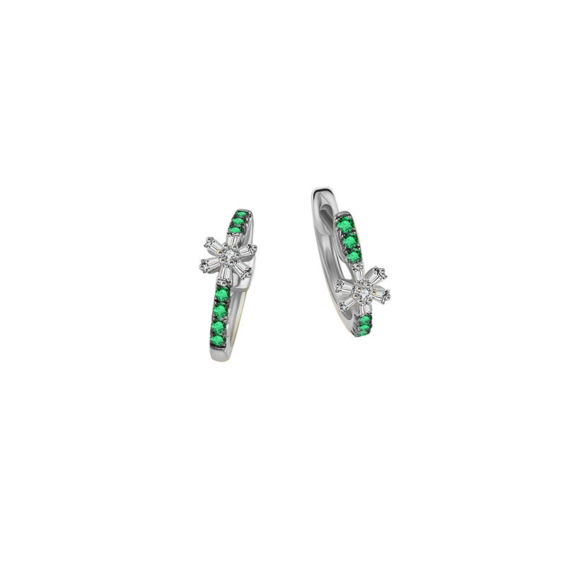 18k Gold Hoop Diamond And Emerald Earring with Flower Pattern - Genevieve Collection