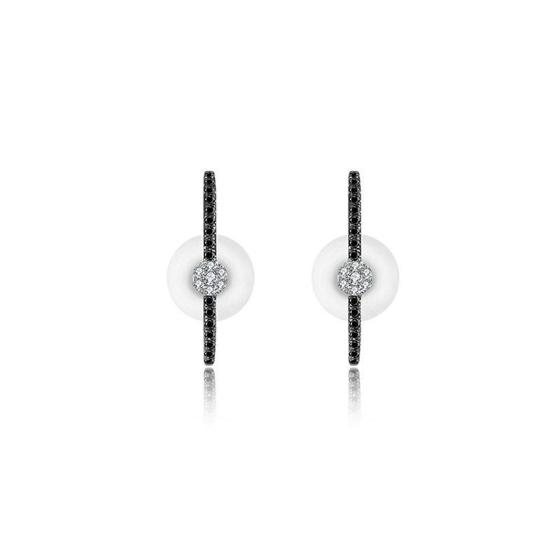 18k Gold Round Pattern Half Hoop Diamond Earring with Black Diamond - Genevieve Collection