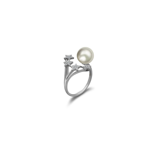 18k Gold Quadruple Star Open Diamond Ring With Pearl - Genevieve Collection