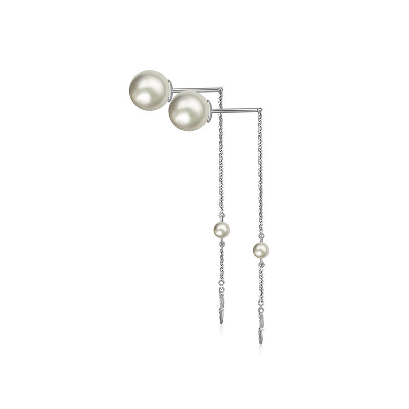 18k Gold Double Arrow Chain Diamond Earring With Pearl - Genevieve Collection