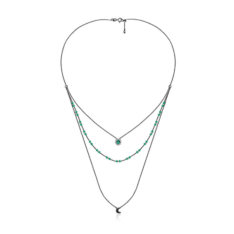 18k Gold 3 layers Stack Diamond Necklaces with Emerald bead - Genevieve Collection