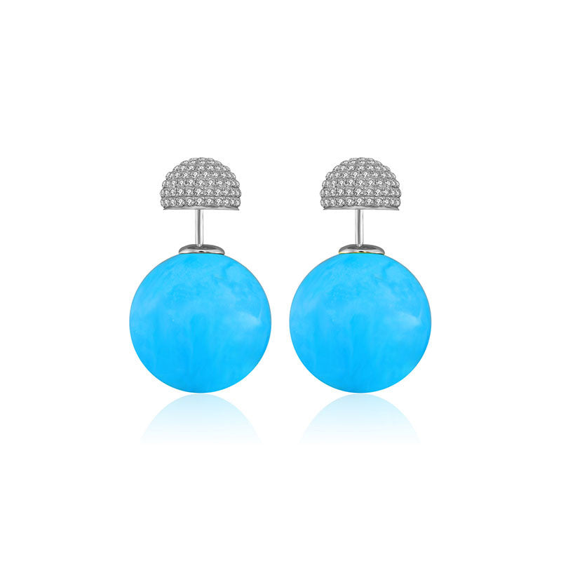 18k Gold 2 Ways Turquoise Diamond Earring in Half Round sphere - Genevieve Collection