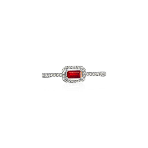 18k Gold Rectangle Shape Ruby Ring Surrounded by Diamond - Genevieve Collection