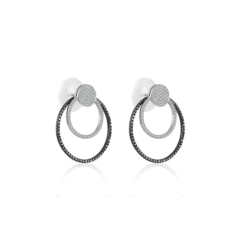 18k Gold Double Circle Diamond Earring With Black Diamond - Genevieve Collection