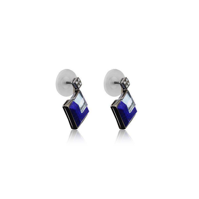 18k Gold Square Shape Topaz And Lapis Diamond Earring - Genevieve Collection