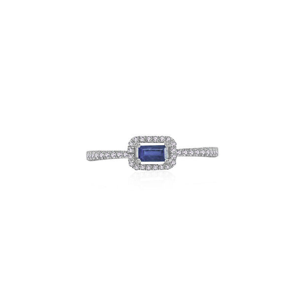 18k Gold Rectangle Shape Sapphire Ring Surrounded by Diamond - Genevieve Collection