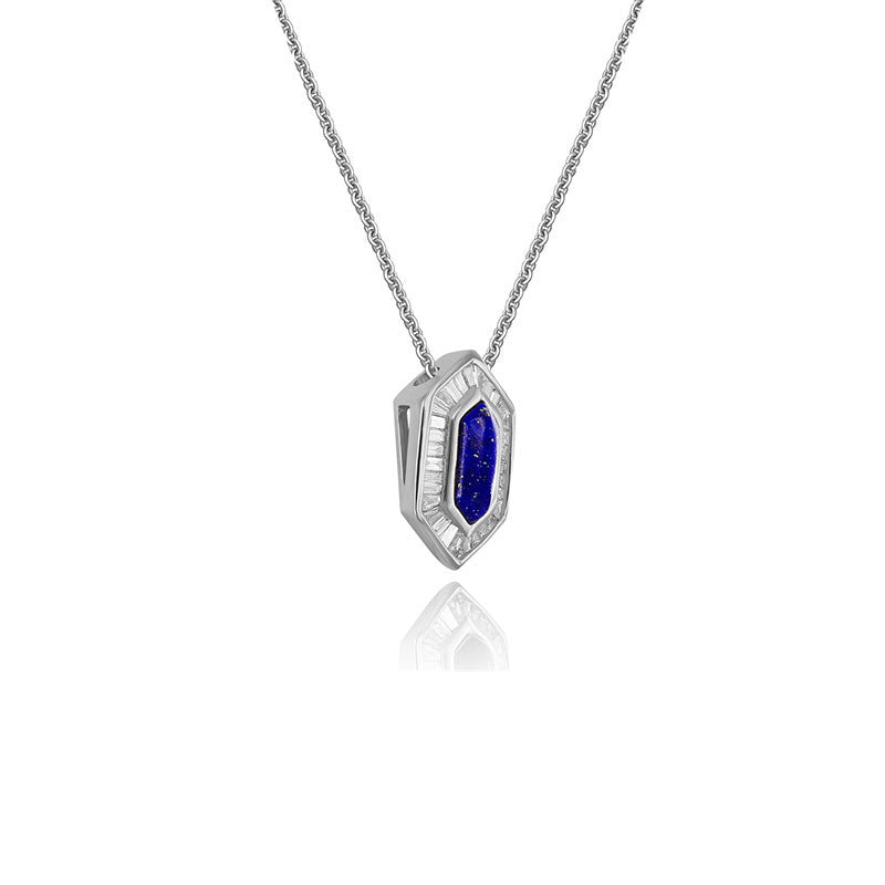 18k Gold Hexagonal Shape Lapis Diamond Necklace - Genevieve Collection