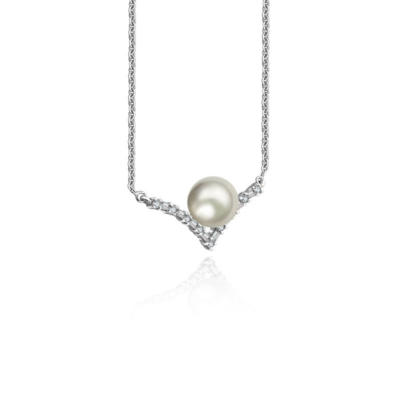 18k Gold Double Curve Diamond Necklace With Pearl - Genevieve Collection