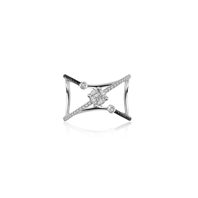18k Gold Cross Diamond Open Ring with Black Diamond - Genevieve Collection