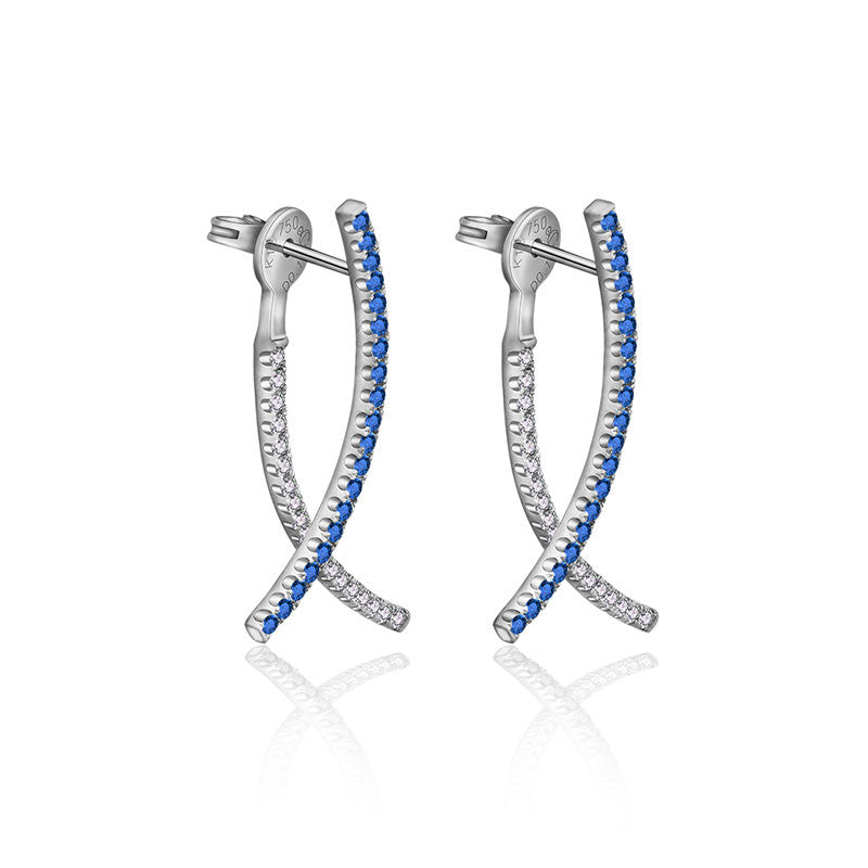 18k Gold Double Curve Diamond Earring With Sapphire - Genevieve Collection