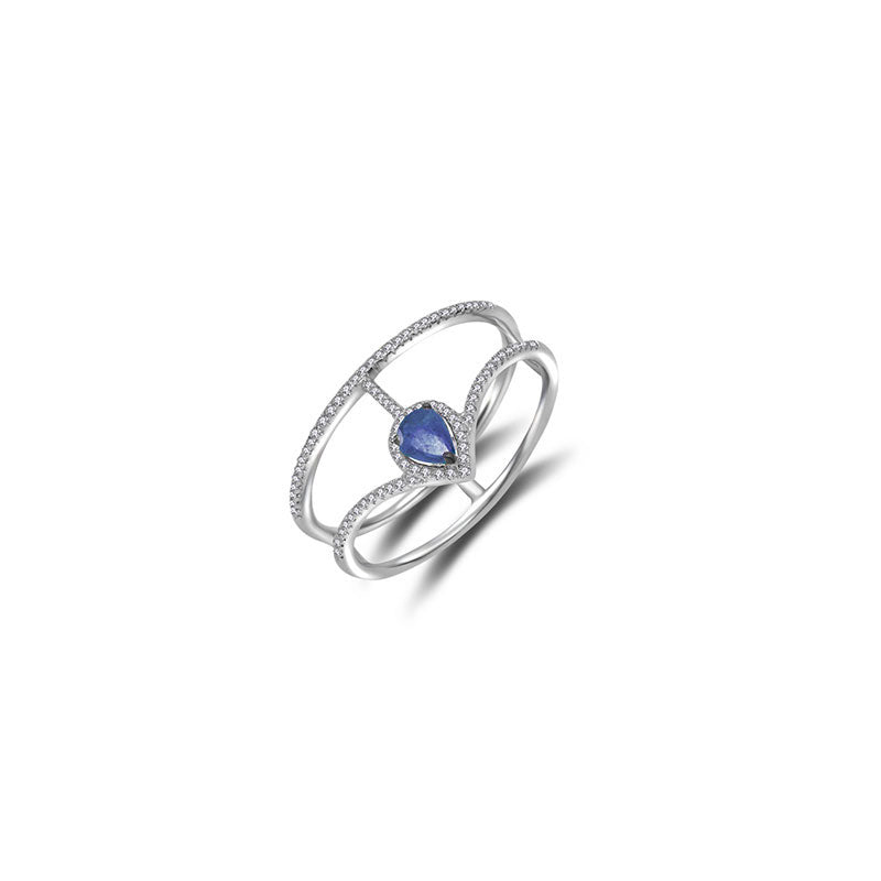 18k Gold Curve Diamond Double Ring with Drop Shape Sapphire - Genevieve Collection