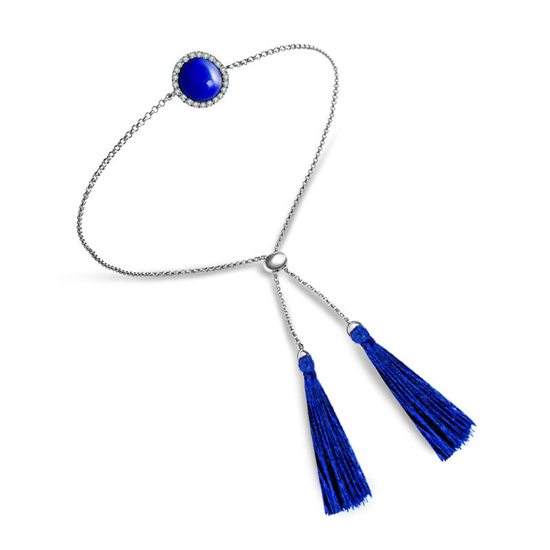 18k Gold Round Lapis Diamond Bracelet with Blue Tassel - Genevieve Collection